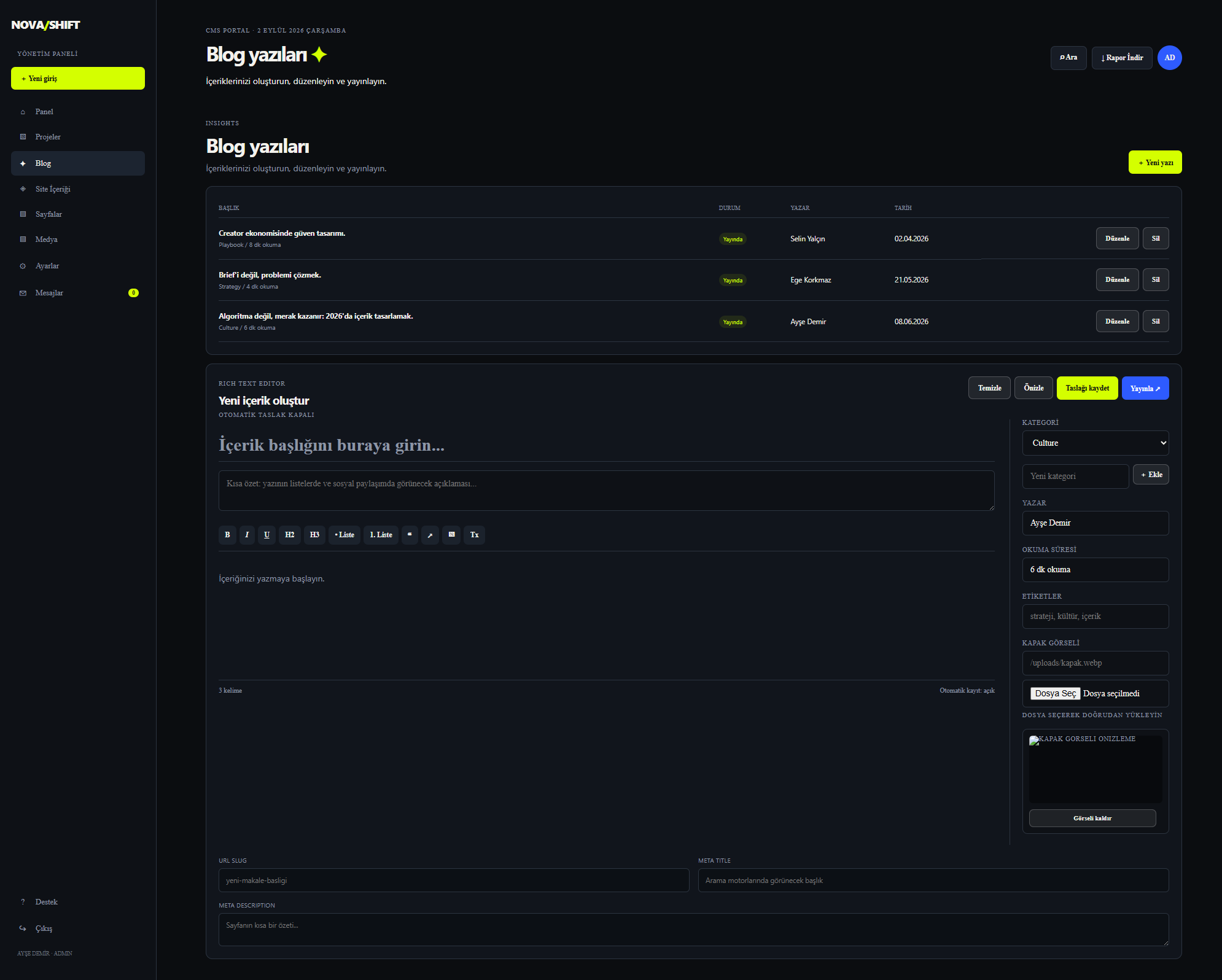 NOVA / SHIFT — Dijital Stüdyo & Özel CMS Platformu detay