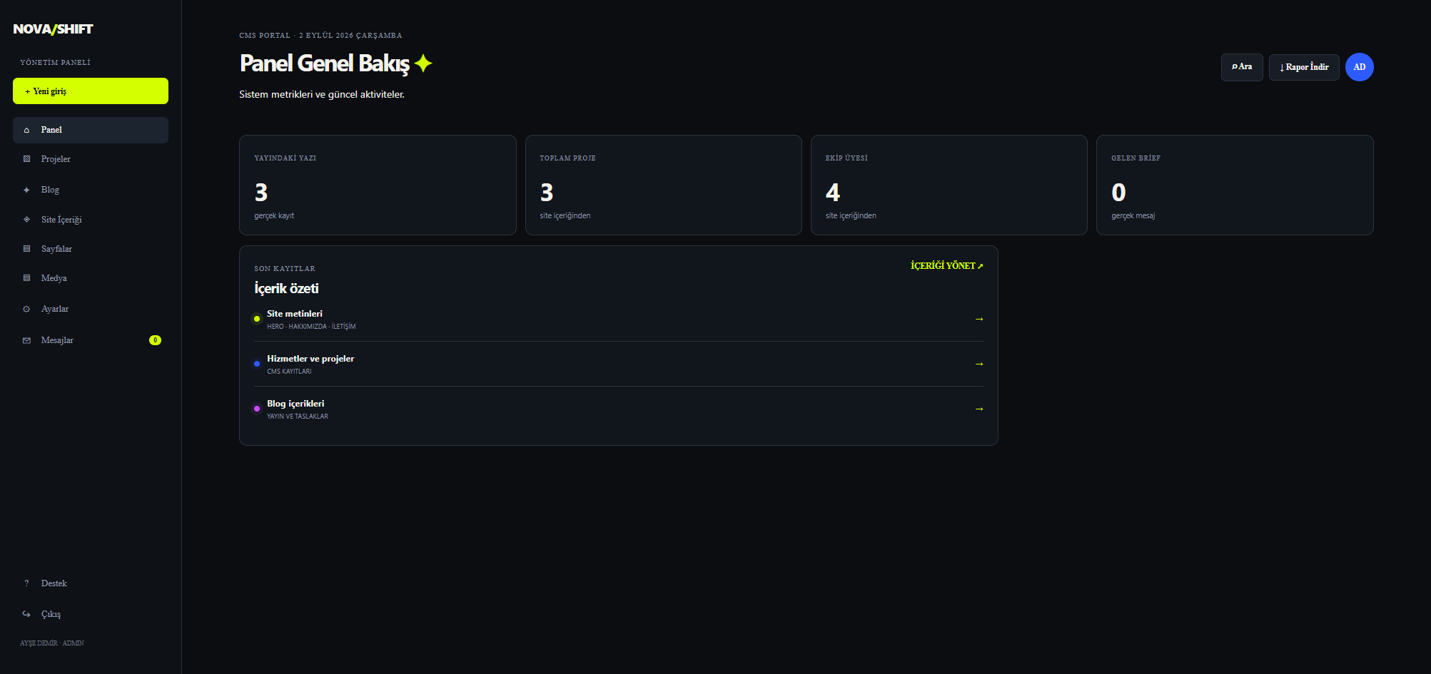 NOVA / SHIFT — Dijital Stüdyo & Özel CMS Platformu detay